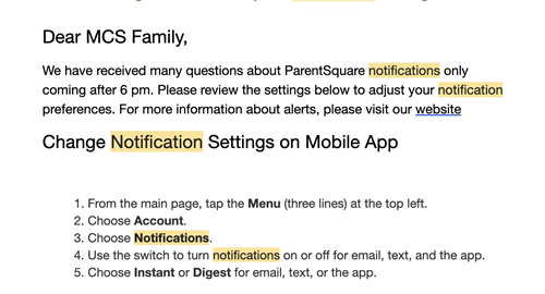 changing notifications in parent square